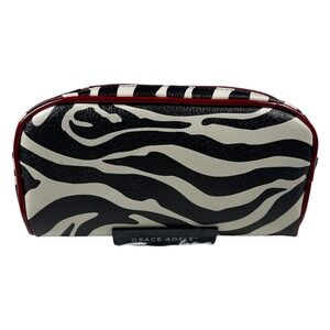 Grace Adele Zebra Print Cosmetic Bag Black White Red Faux Leather Travel Case